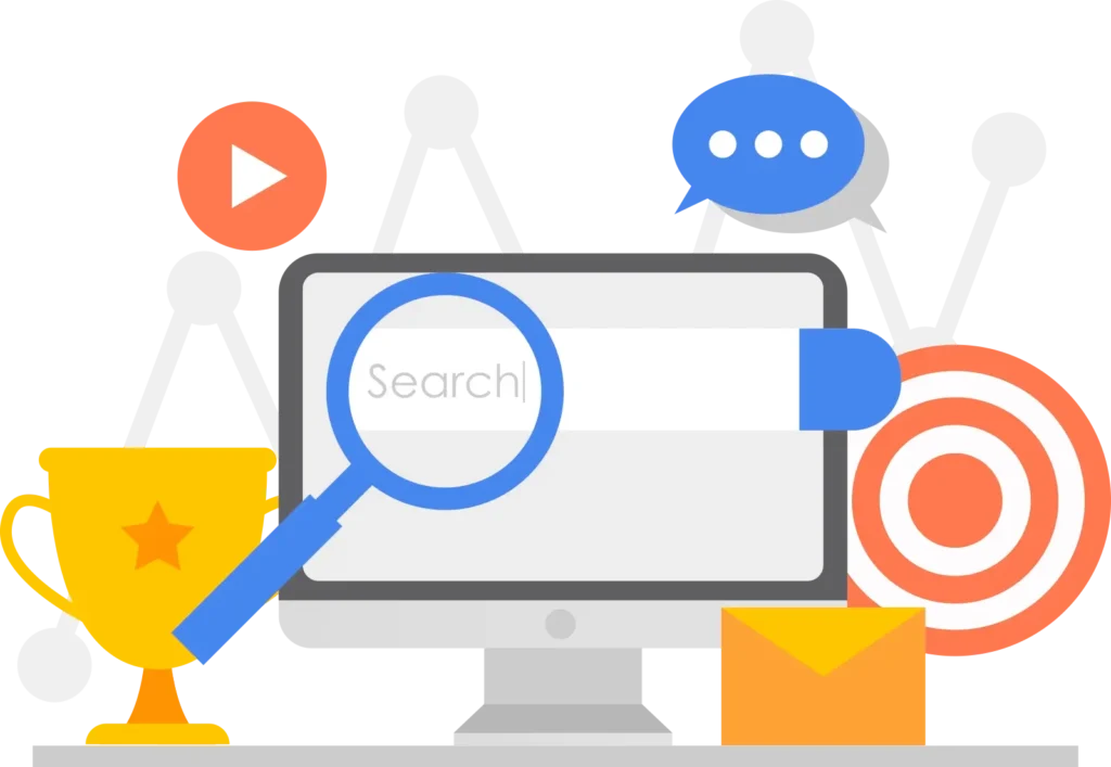 Een computermonitor met een zoekbalk en vergrootglas, omringd door een gouden trofee, doelwit, envelop en video-icoon voor een succesvolle SEO Strategie