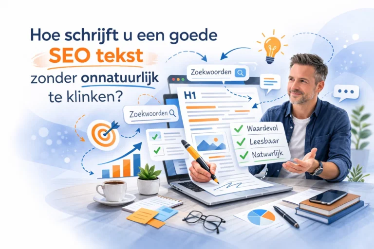 Illustratie over SEO copywriting met strateeg, laptop en leesbare SEO-tekst
