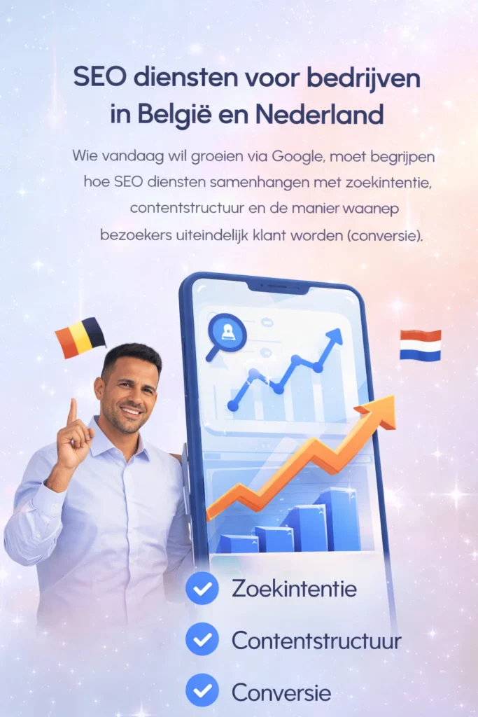 SEO voor bedrijven in België en Nederland met smartphone, stijgende grafiek en focus op zoekintentie, contentstructuur en conversie.