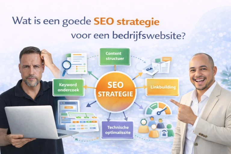 Illustratie van een goede SEO strategie voor een bedrijfswebsite met zoekwoordenonderzoek, contentstructuur en technische optimalisatie