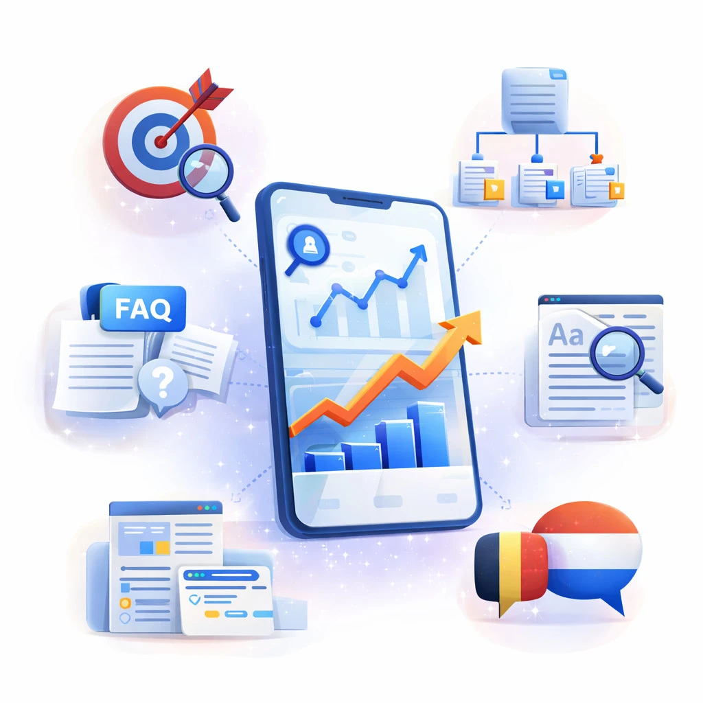afbeelding weerspiegeld SEO strategieën in page zoekwoordenonderzoek met focus op commerciële relevantie pillar-pagina’s en clusterartikels met duidelijke onderlinge samenhang SEO teksten met natuurlijke copy, CTA’s en scanbare structuur on-page optimalisatie van titels, koppen, slugs en interne links FAQ-blokken