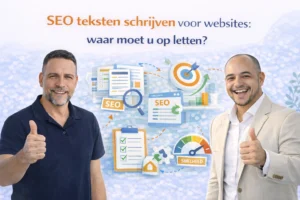 Illustratie over SEO teksten schrijven voor websites met checklist, optimalisatie en twee zaakvoerders