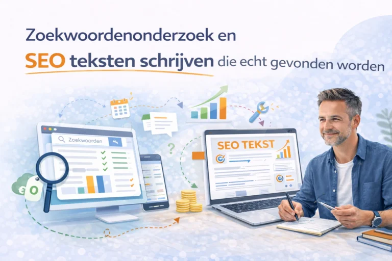 Illustratie van zoekwoordenonderzoek en SEO teksten schrijven met analyse, contentcreatie en betere vindbaarheid
