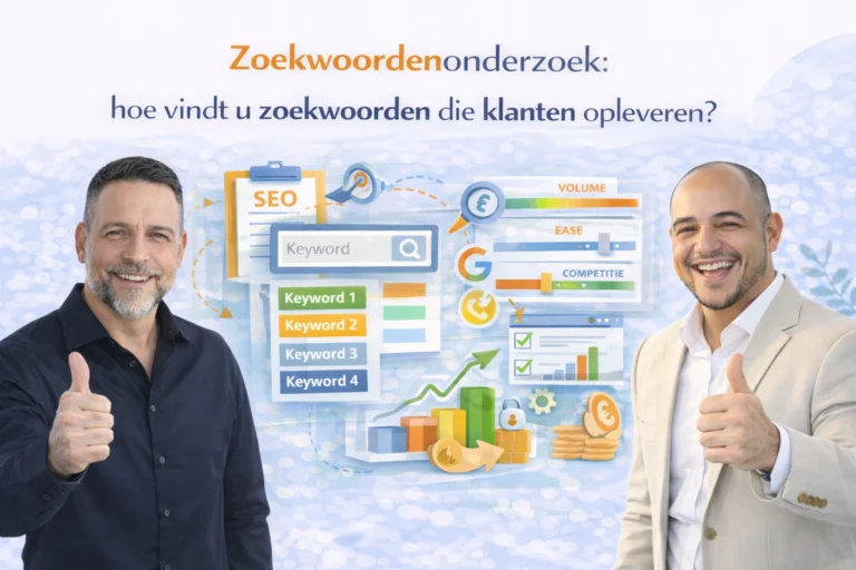 Illustratie van zoekwoordenonderzoek met commerciële zoekwoorden, analyse en twee zaakvoerders