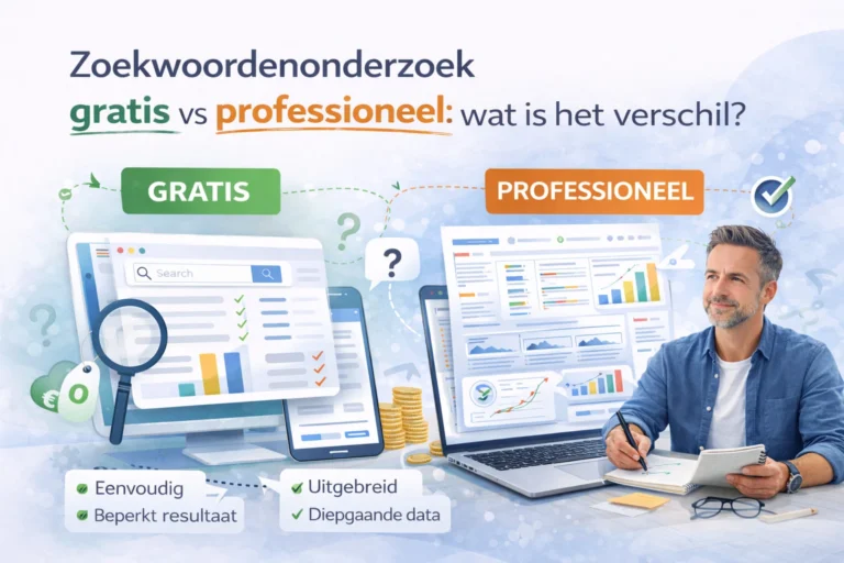 Illustratie die gratis en professioneel zoekwoordenonderzoek vergelijkt met dashboards, analyse en strategie