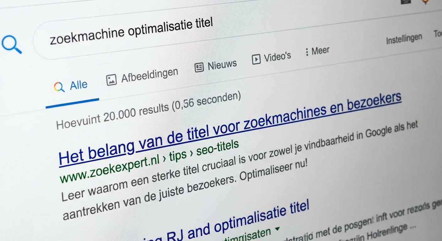 close-up detail shot, sharp focus van De titel in de zoekresultaten die het belang van de titel voor zoekmachines en bezoekers illustreert, professional appearance