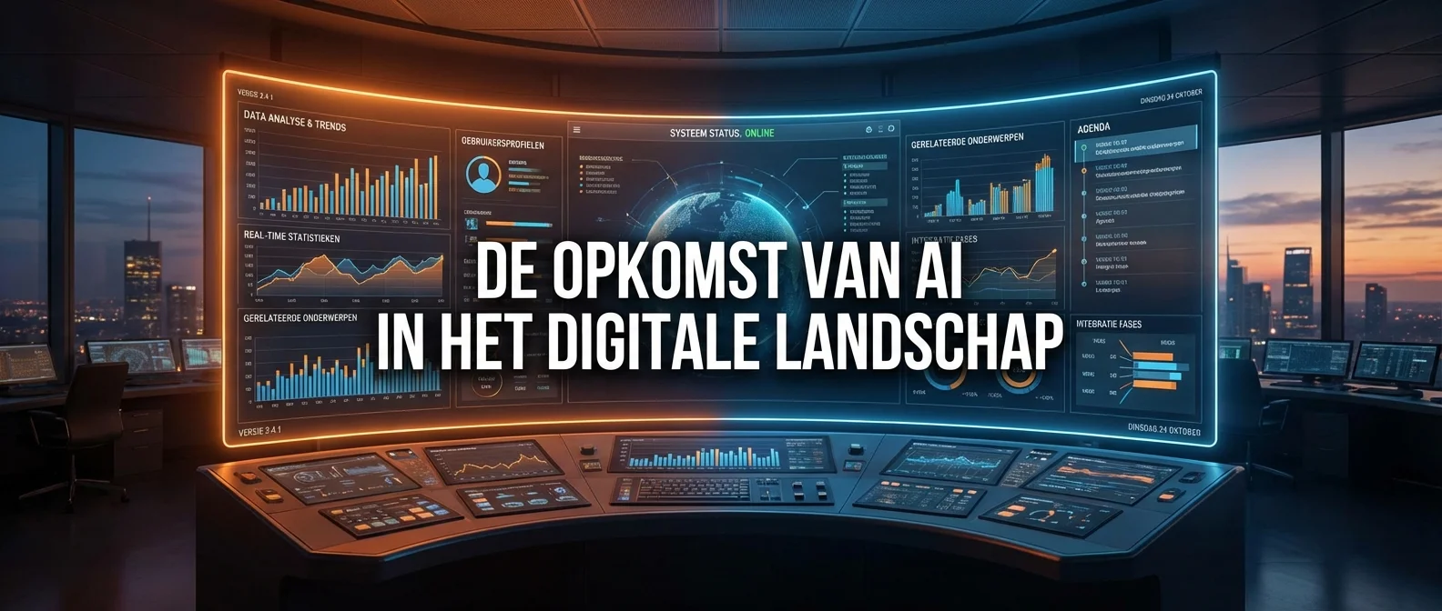 Een breed panoramisch overzicht van een digitaal dashboard waar de titel van een artikel centraal staat, sfeervolle verlichting, professionele compositie