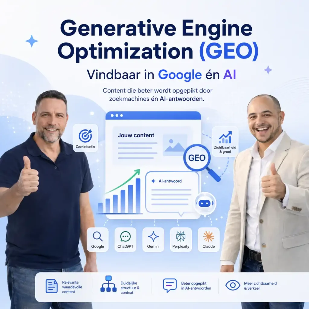 Generative engine optimization (GEO) maakt uw merk vindbaar in Google én in AI-antwoorden zoals ChatGPT, Gemini, Perplexity en Claude.