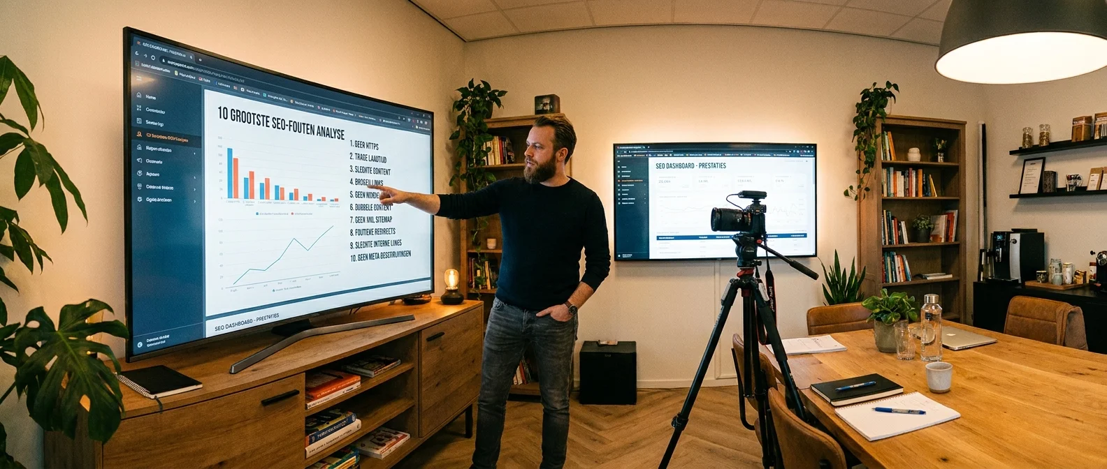 Breed panorama van een digitale werkplek waar een expert de 10 SEO-fouten analyseert op een groot scherm, professionele fotografie, uitnodigende sfeer
