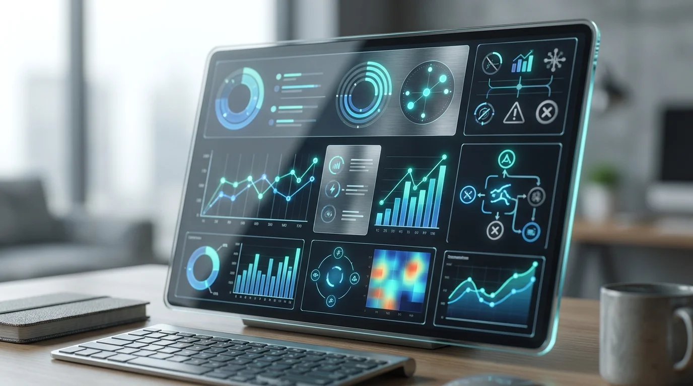 close-up detail shot, sharp focus van een analytisch dashboard dat de 10 meest gemaakte fouten in zoekmachineoptimalisatie visualiseert, professionele uitstraling