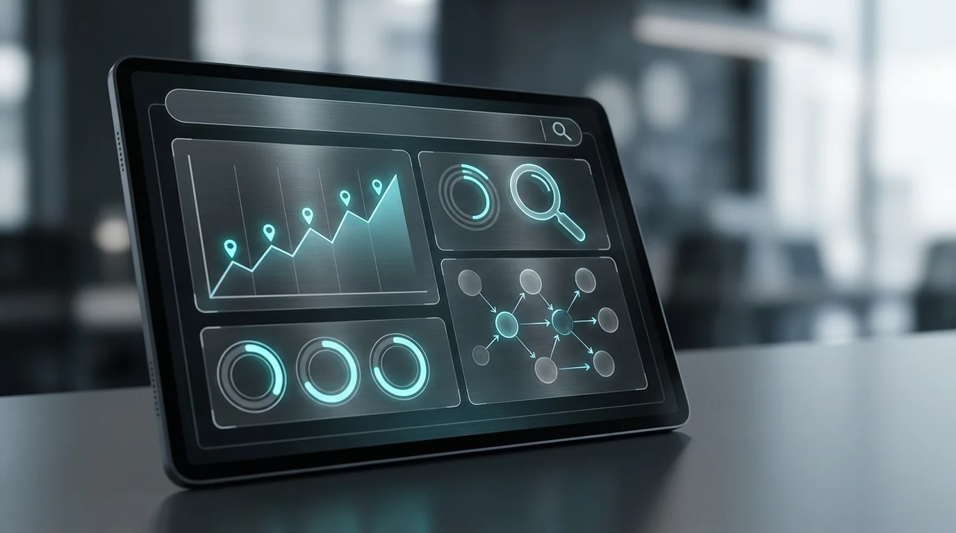 close-up detail shot, sharp focus van een digitaal dashboard dat de groei van seo cruciaal visualiseert voor een moderne onderneming, professionele uitstraling