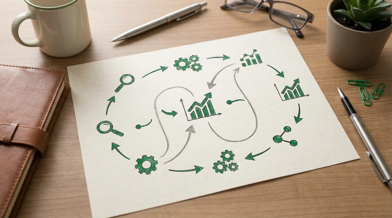 close-up detail shot, sharp focus van een bureau met een papieren roadmap waarop staat hoe ziet een realistisch seo-plan eruit, omringd door professionele kantoorartikelen