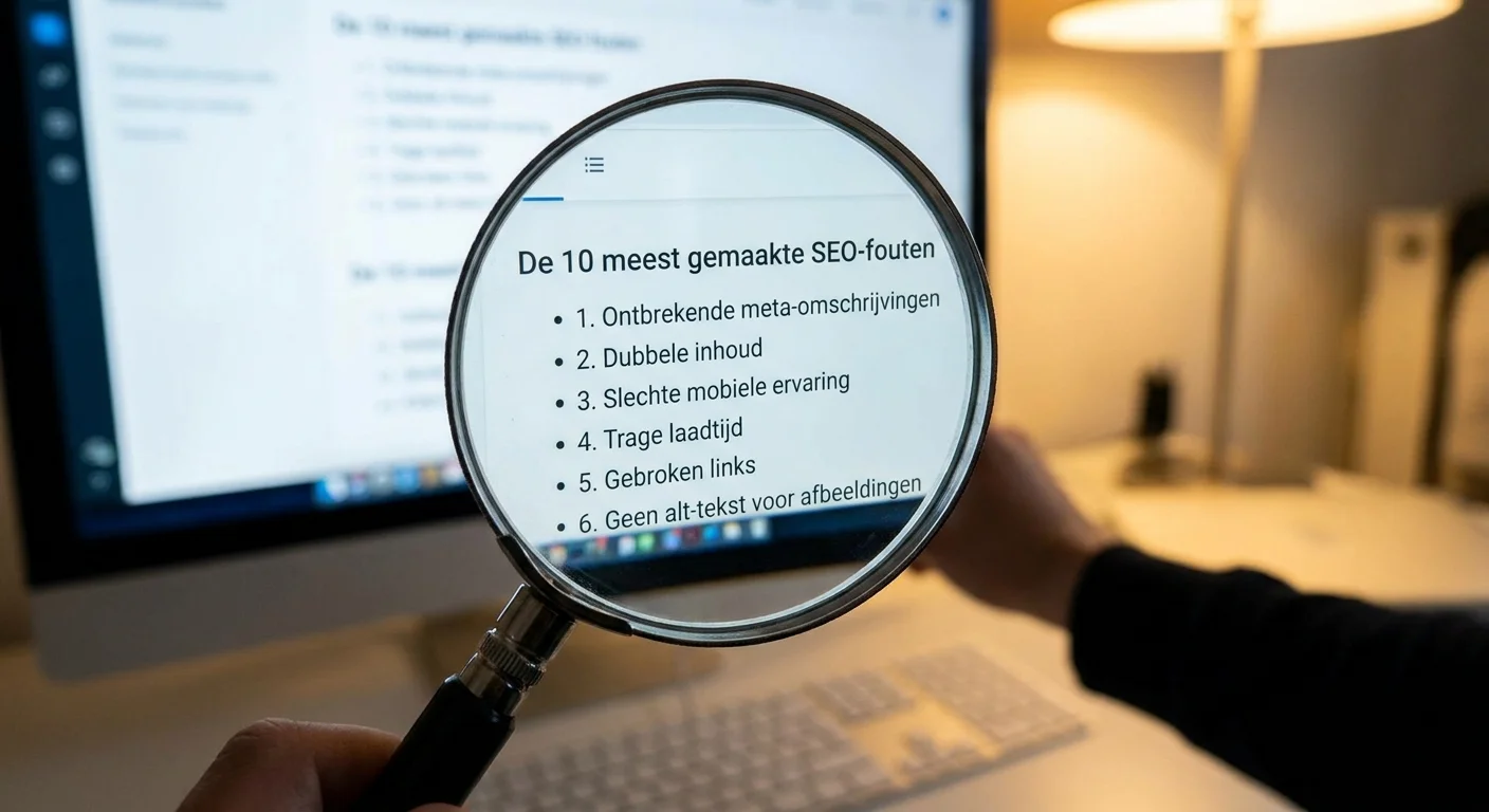 close-up detail shot, sharp focus van een vergrootglas dat tekst op een computerscherm onderzoekt op zoek naar de meest gemaakte 10 SEO-fouten, professionele uitstraling
