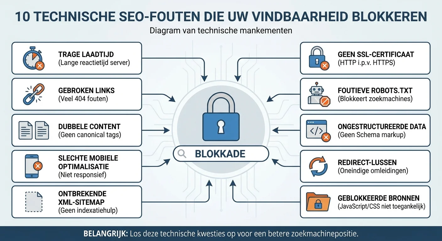 diagram of infographic style, clear and informative of 10 SEO-fouten at technische mankementen die uw vindbaarheid blokkeren, professional appearance
