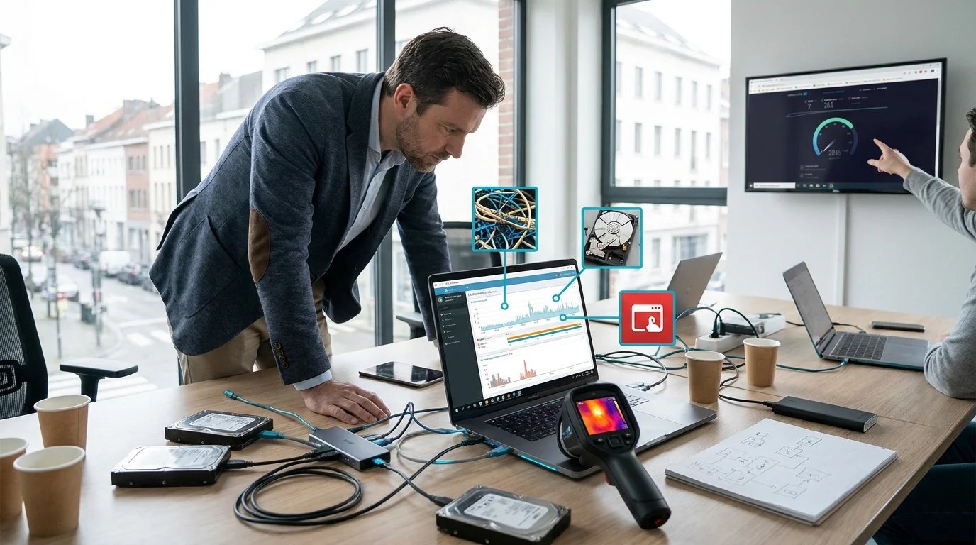 realistic action photo, dynamic perspective of 10 meest gemaakte technische fouten bij het analyseren van laadtijden op een laptop in een modern Belgisch kantoor, professional appearance