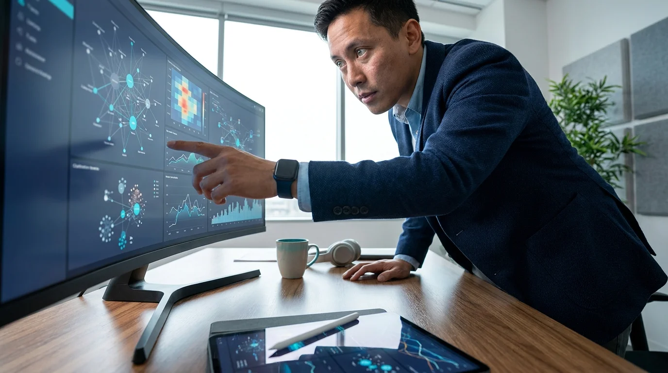 realistic action photo, dynamic perspective of seo cruciaal at de belangrijkste seo-trends en algoritme-updates voor dit jaar, professional appearance van een marketeer die complexe data-analyses op een groot scherm bestudeert