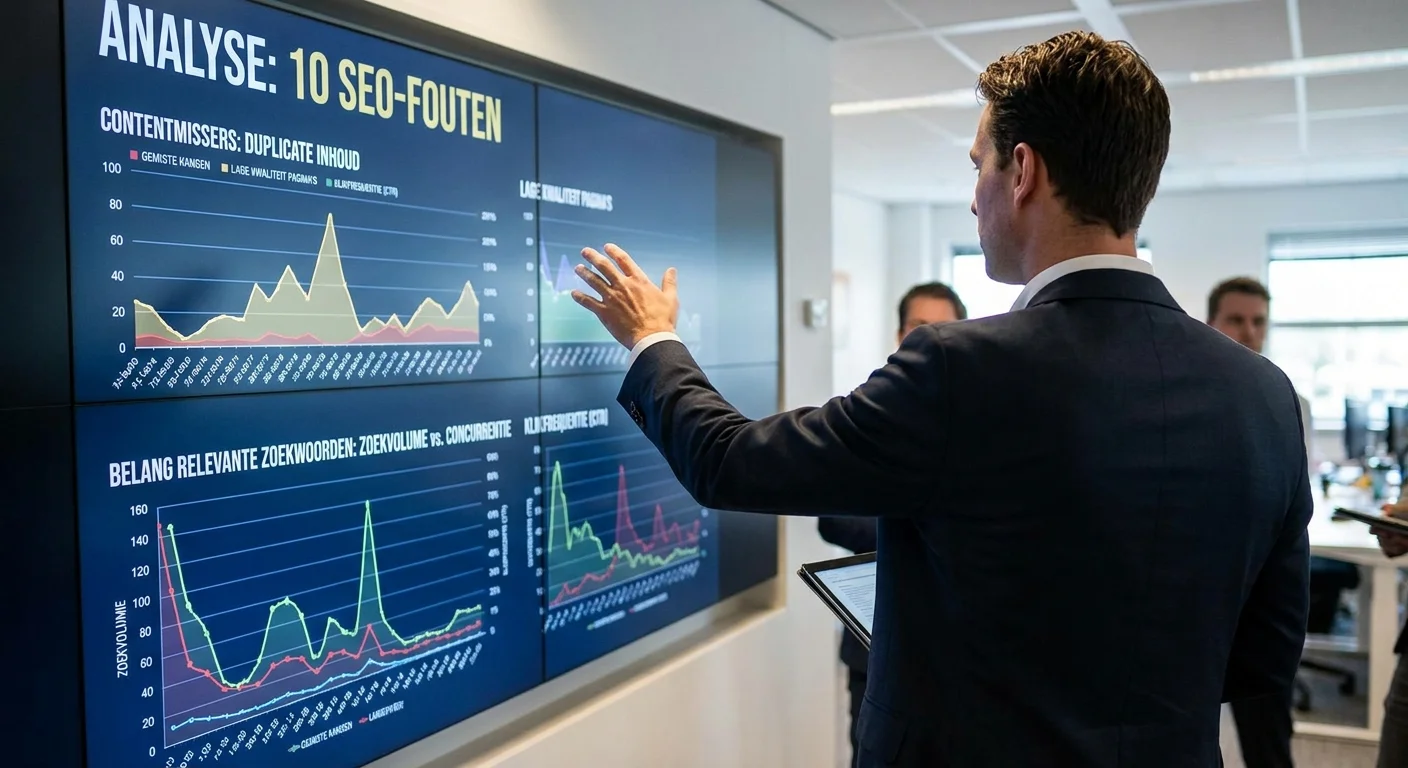 realistic action photo, dynamic perspective of a marketingmanager die 10 SEO-fouten analyseert op een groot scherm met complexe grafieken over contentmissers en het belang van relevante zoekwoorden, professional appearance