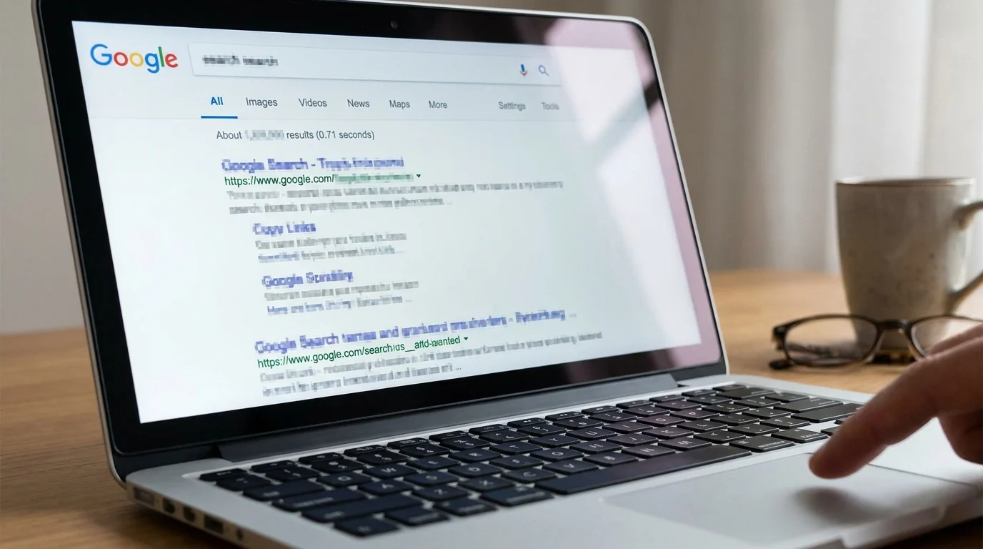 close-up detail shot, sharp focus of website vindbaar maken op een computerscherm met zoekresultaten van Google, professional appearance